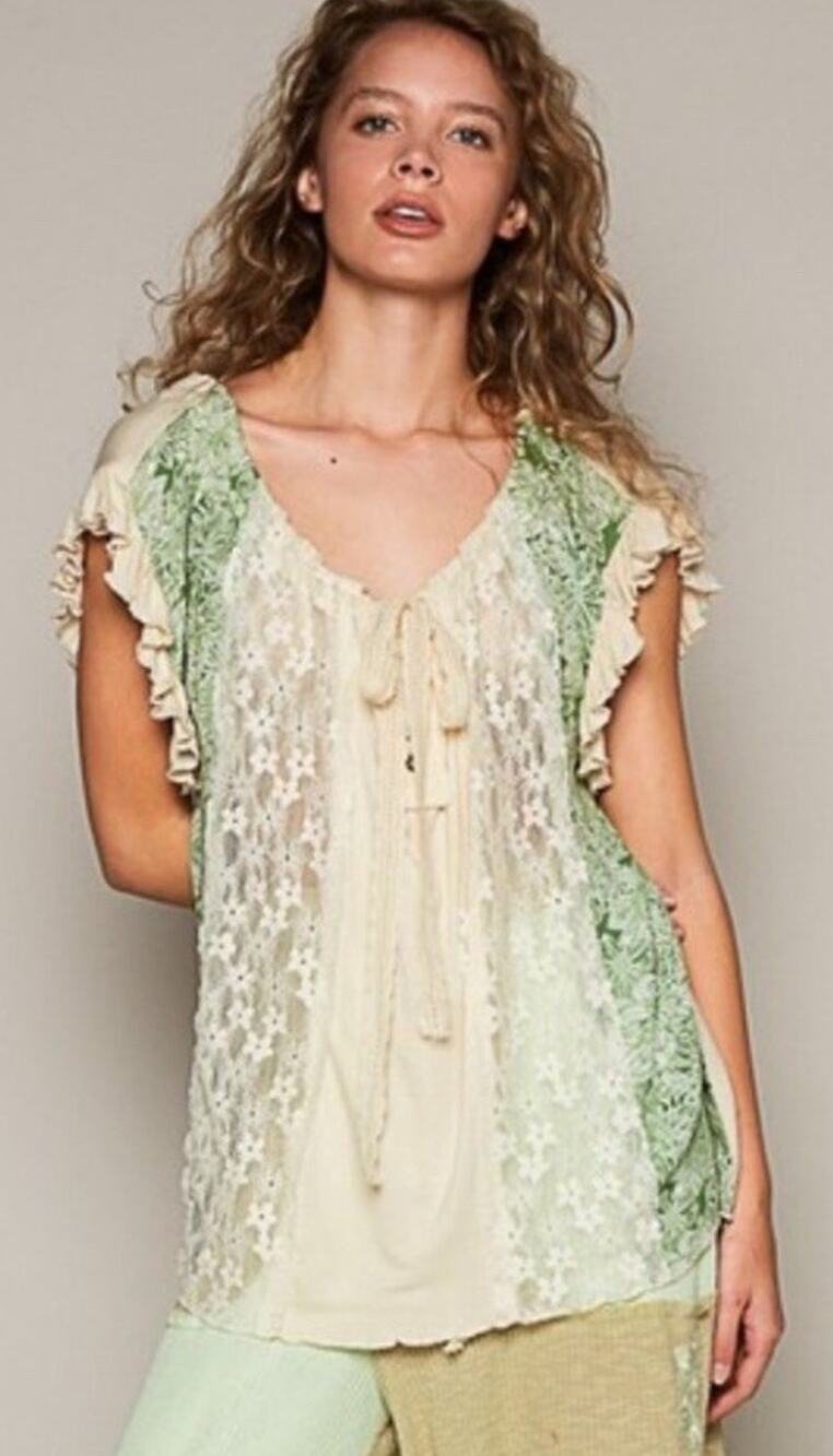 POL Top Size S Yellow Paisley Lace Ruffle Sleeve Boho Romantic Cottagecore